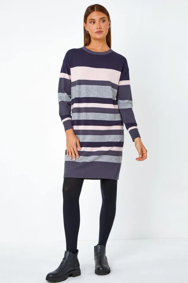 Women Navy Stripe Print Knitted Jumper Dress Roman Dresses