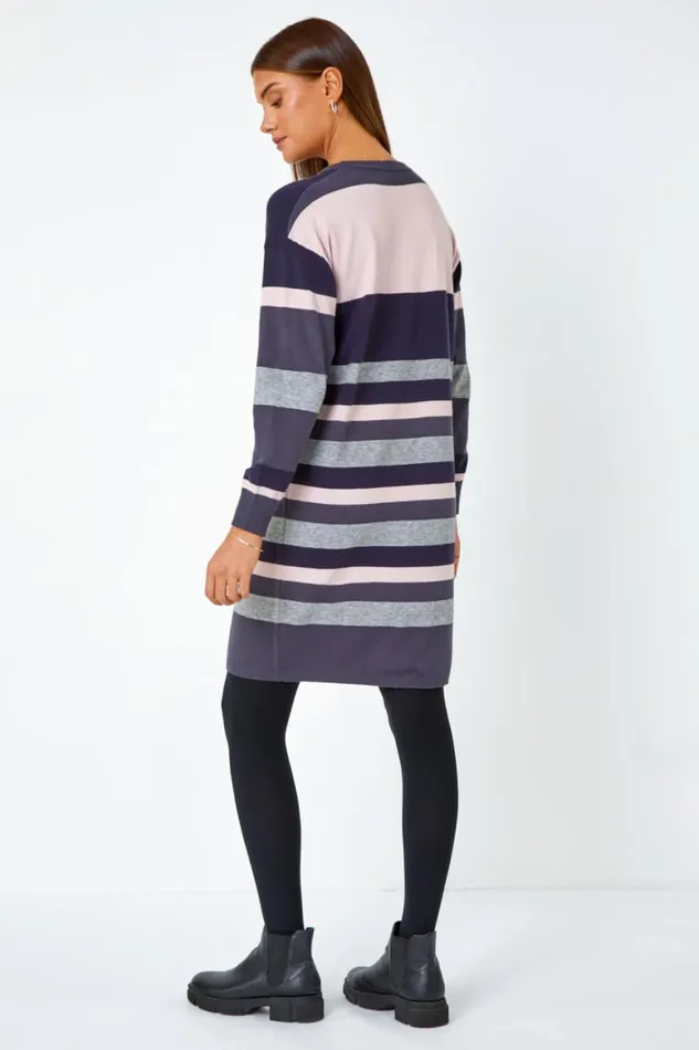 Women Navy Stripe Print Knitted Jumper Dress Roman Dresses