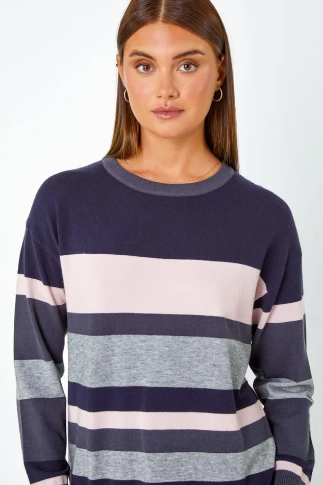 Women Navy Stripe Print Knitted Jumper Dress Roman Dresses