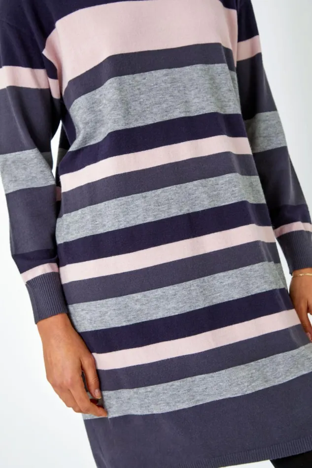 Women Navy Stripe Print Knitted Jumper Dress Roman Dresses
