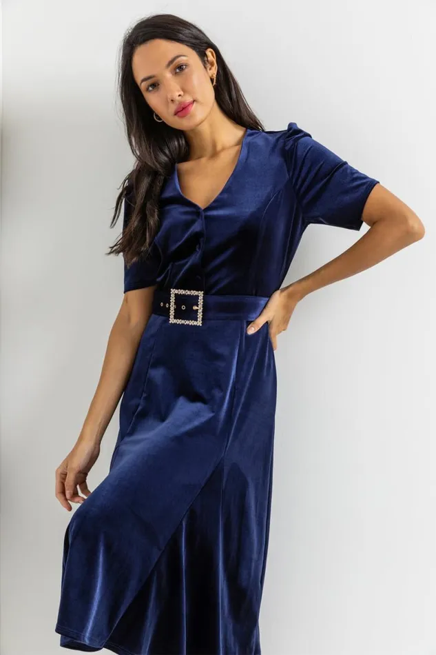 Women Navy Velvet Buckled Belt Midi Dress Roman Dresses
