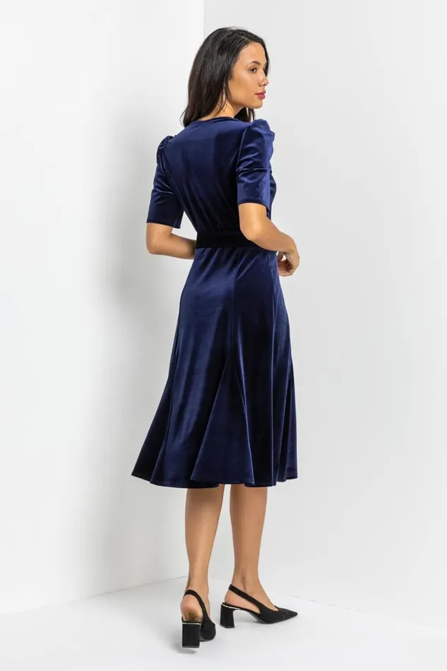 Women Navy Velvet Buckled Belt Midi Dress Roman Dresses