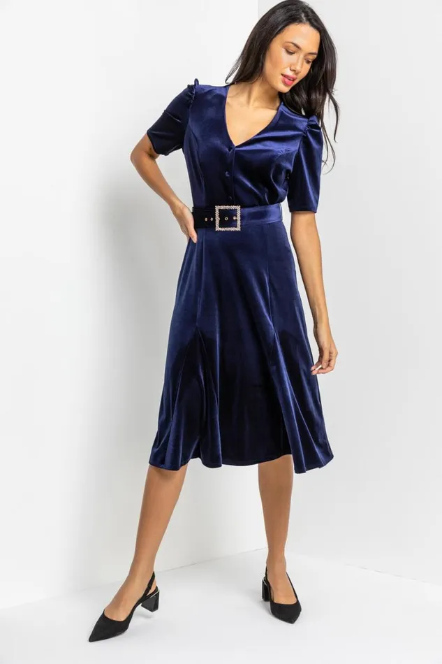 Women Navy Velvet Buckled Belt Midi Dress Roman Dresses