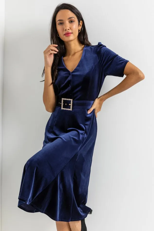 Women Navy Velvet Buckled Belt Midi Dress Roman Dresses