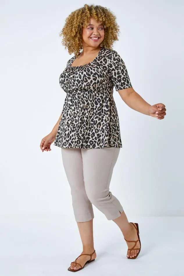 Women Neutral Curve Animal Print Smock Top Roman Tops