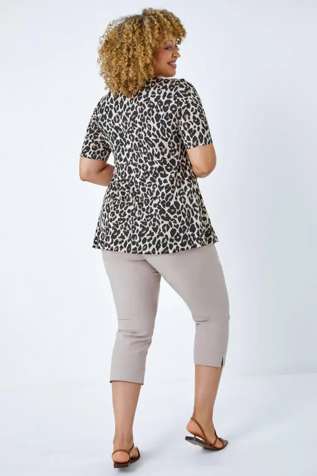 Women Neutral Curve Animal Print Smock Top Roman Tops
