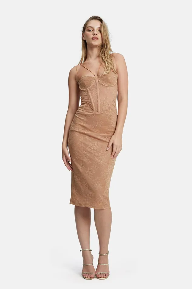 Women Occasion Dresses Bardot Fleur Lace Midi Dress In Biscuit Biscuit