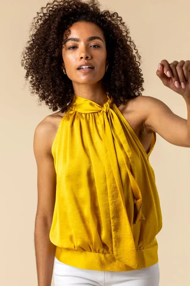 Women Ochre High Neck Tie Detail Top Roman Tops