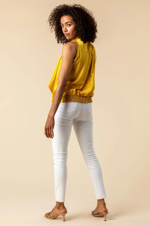 Women Ochre High Neck Tie Detail Top Roman Tops