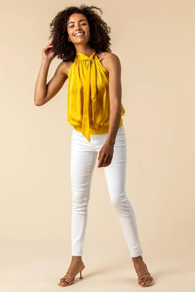 Women Ochre High Neck Tie Detail Top Roman Tops
