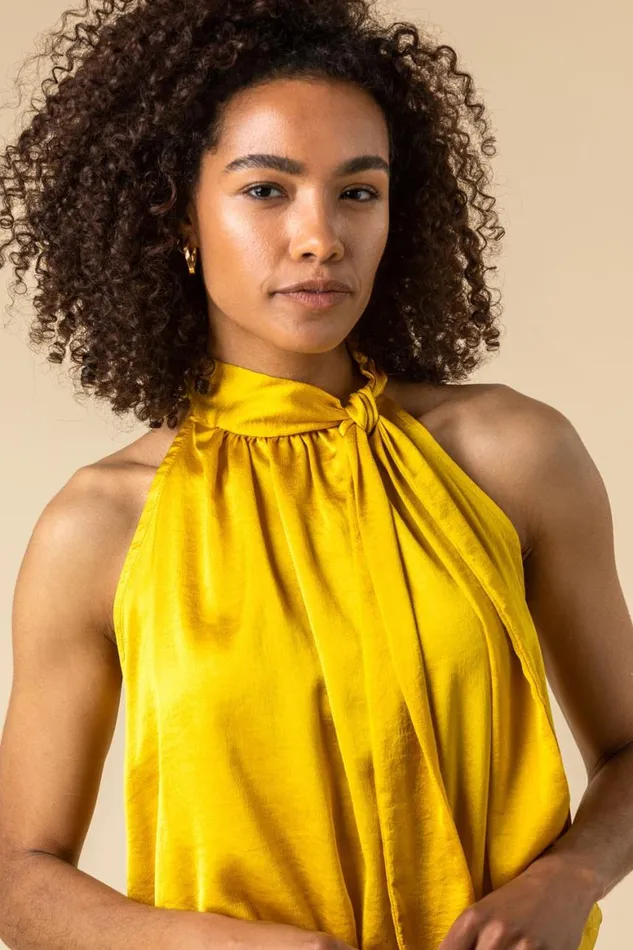 Women Ochre High Neck Tie Detail Top Roman Tops