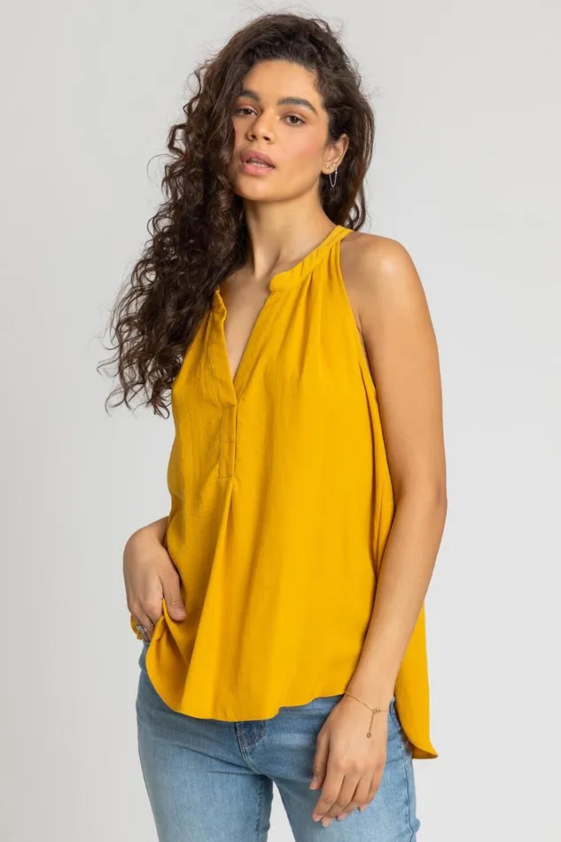 Women Ochre Plain Dipped Hem VNeck Vest Top Roman Tops