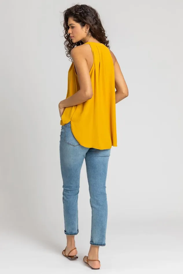 Women Ochre Plain Dipped Hem VNeck Vest Top Roman Tops