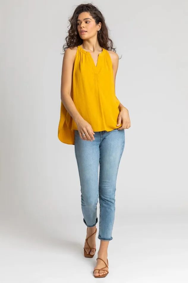 Women Ochre Plain Dipped Hem VNeck Vest Top Roman Tops