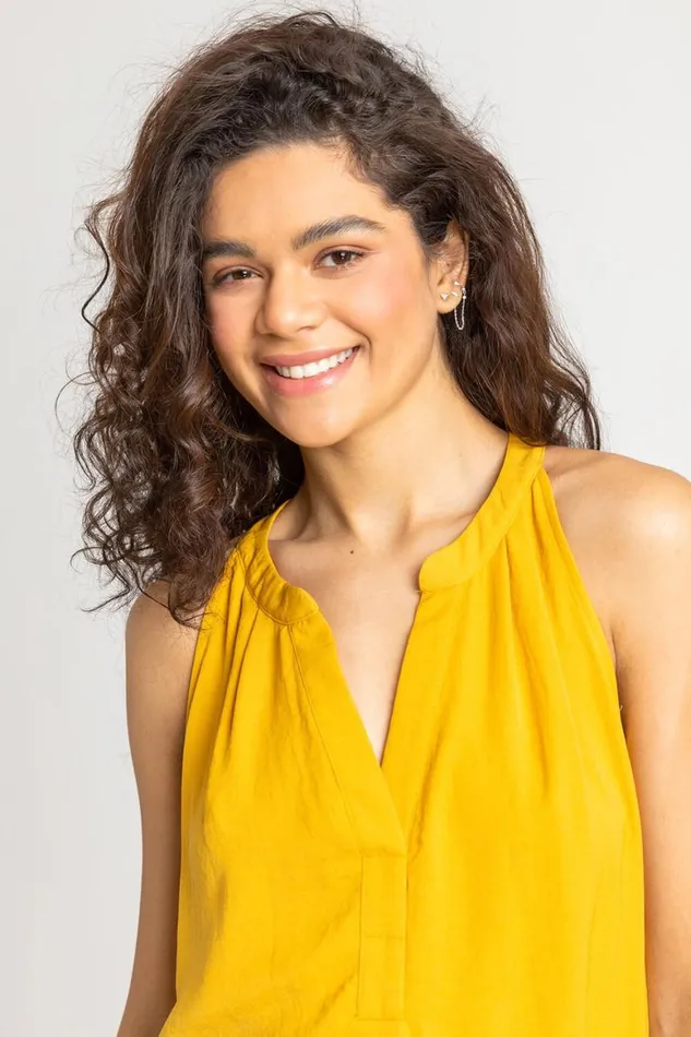 Women Ochre Plain Dipped Hem VNeck Vest Top Roman Tops