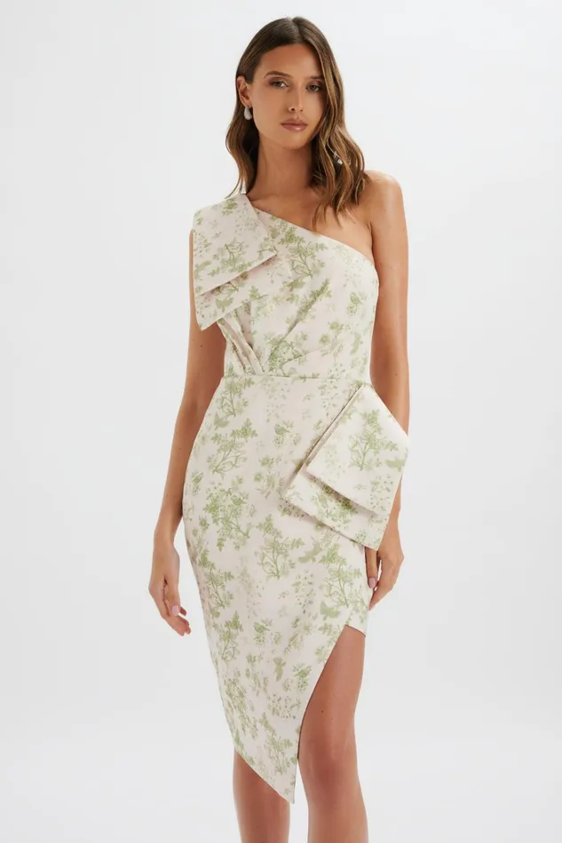 Women Off The Shoulder and Bardot Lavish Alice BLOOM One Shoulder Bow Detail Satin Midi Dress In Green Porcelain Print Green Porcelain Prin