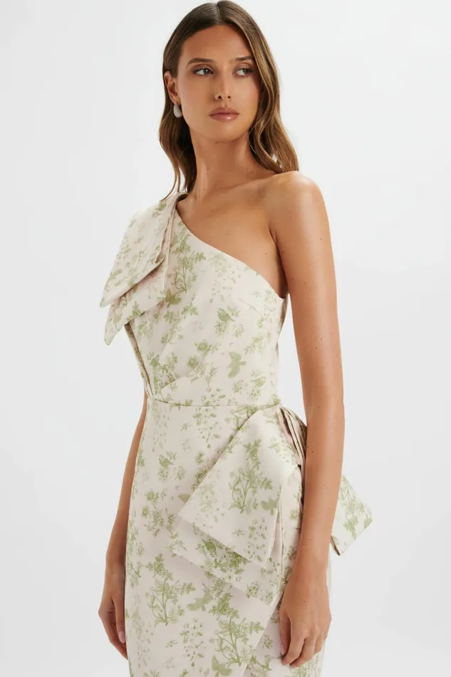 Women Off The Shoulder and Bardot Lavish Alice BLOOM One Shoulder Bow Detail Satin Midi Dress In Green Porcelain Print Green Porcelain Prin