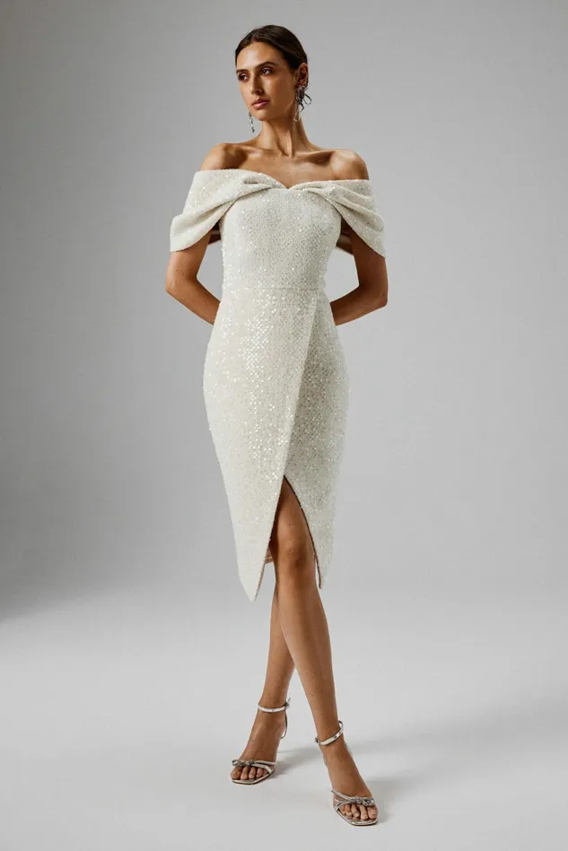Women Off The Shoulder and Bardot Lavish Alice HARLEEN Draped Bardot Sequin Boucle Midi Dress In Beige Beige Women Off The Shoulder and Bardot Lavish Alice HARLEEN Draped Bardot Sequin Boucle Midi Dress In Beige Beige