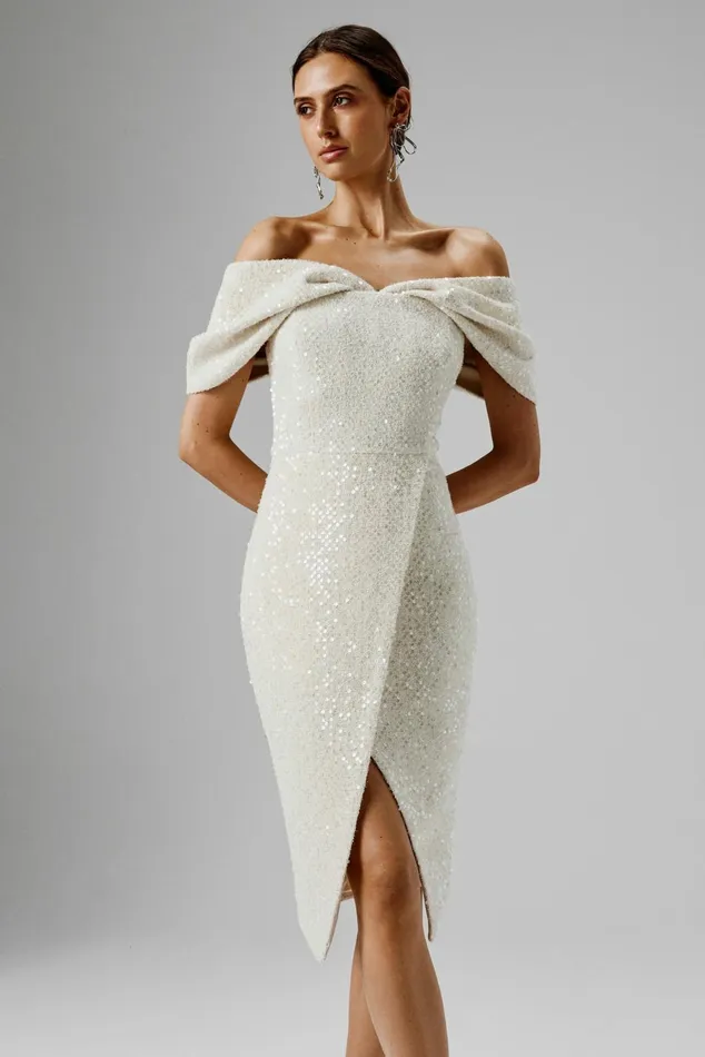Women Off The Shoulder and Bardot Lavish Alice HARLEEN Draped Bardot Sequin Boucle Midi Dress In Beige Beige