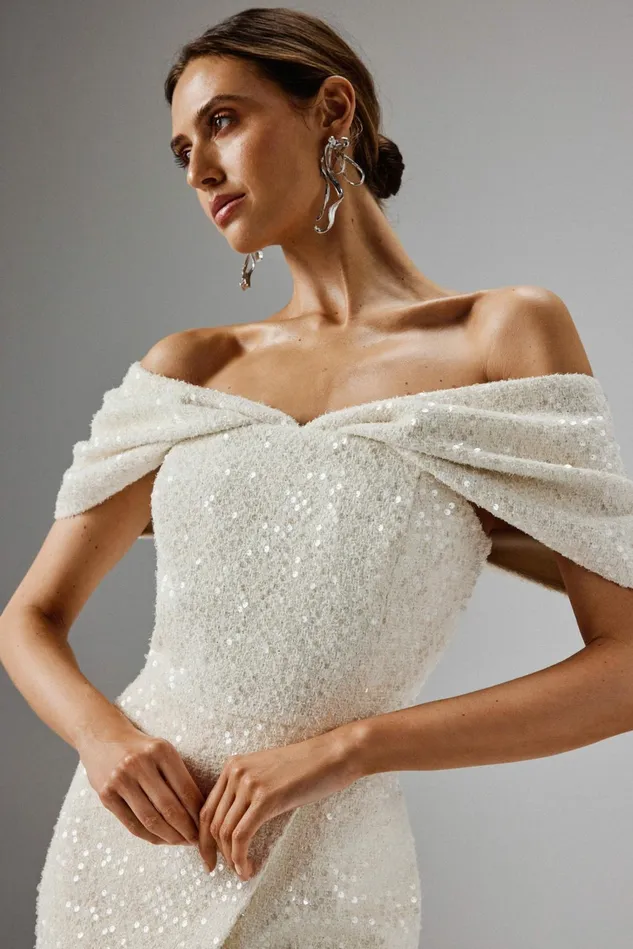 Women Off The Shoulder and Bardot Lavish Alice HARLEEN Draped Bardot Sequin Boucle Midi Dress In Beige Beige