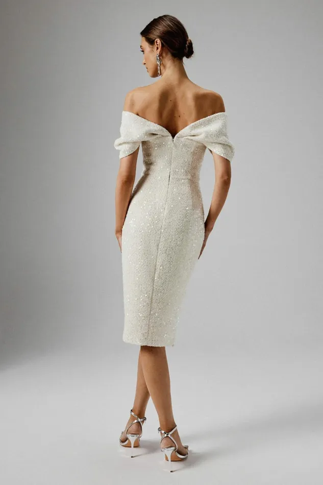 Women Off The Shoulder and Bardot Lavish Alice HARLEEN Draped Bardot Sequin Boucle Midi Dress In Beige Beige