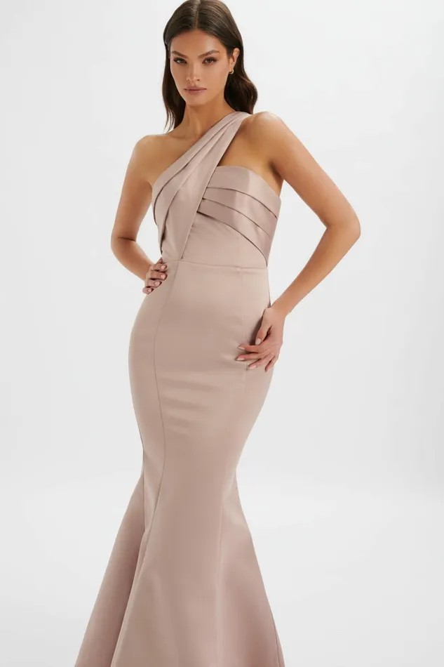 Women Off The Shoulder and Bardot Lavish Alice SHAILENE Bonded Satin Asymmetric Maxi Dress In Mink Light Pink Women Off The Shoulder and Bardot Lavish Alice SHAILENE Bonded Satin Asymmetric Maxi Dress In Mink Light Pink