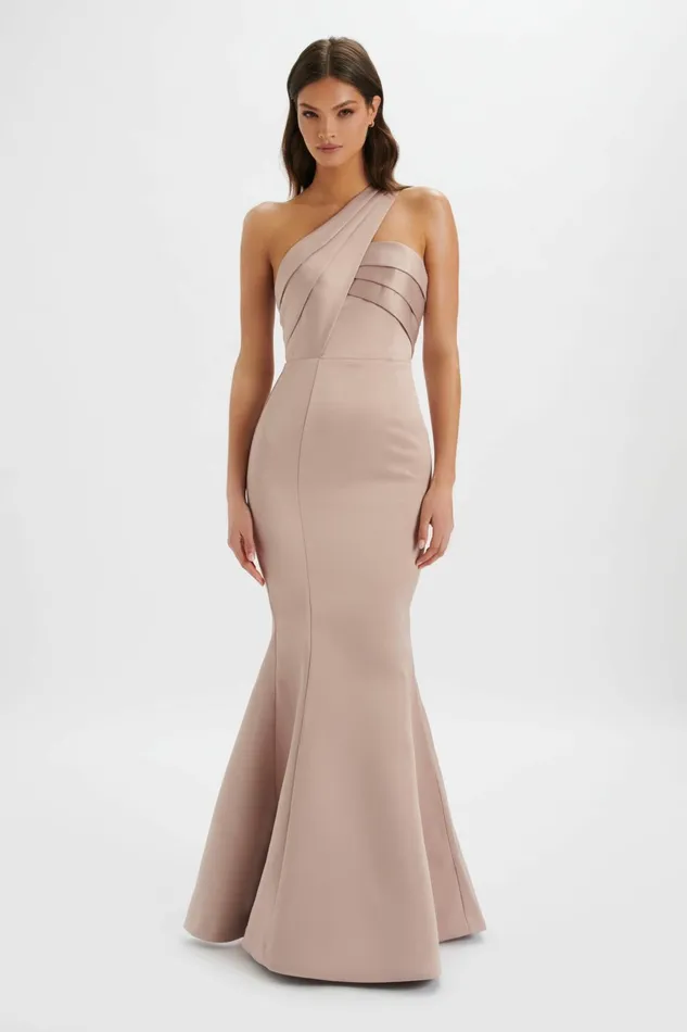 Women Off The Shoulder and Bardot Lavish Alice SHAILENE Bonded Satin Asymmetric Maxi Dress In Mink Light Pink
