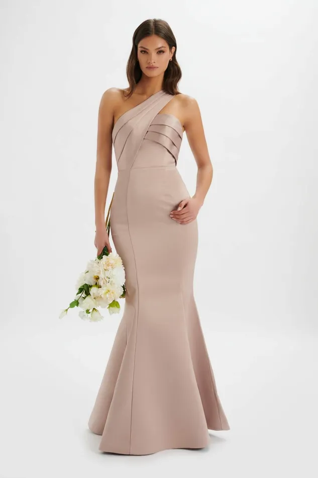 Women Off The Shoulder and Bardot Lavish Alice SHAILENE Bonded Satin Asymmetric Maxi Dress In Mink Light Pink