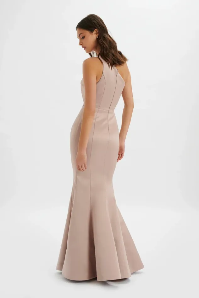 Women Off The Shoulder and Bardot Lavish Alice SHAILENE Bonded Satin Asymmetric Maxi Dress In Mink Light Pink