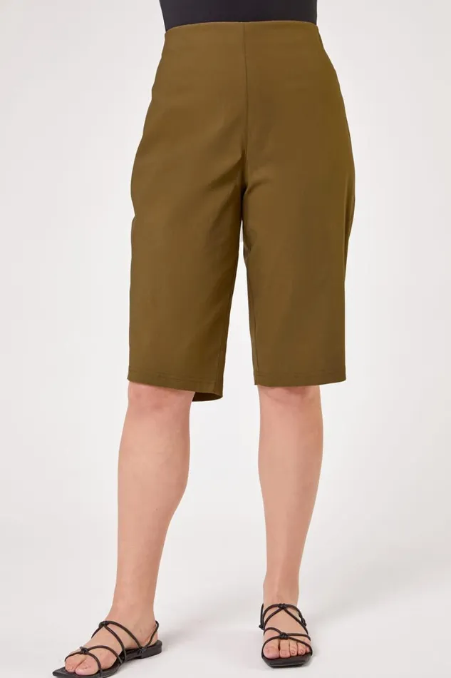 Women Olive Curve Knee Length Elastic Waist Stretch Shorts Roman Coords