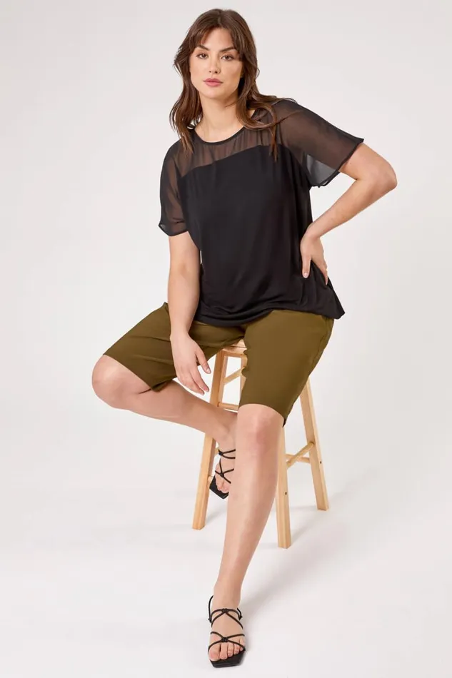 Women Olive Curve Knee Length Elastic Waist Stretch Shorts Roman Coords