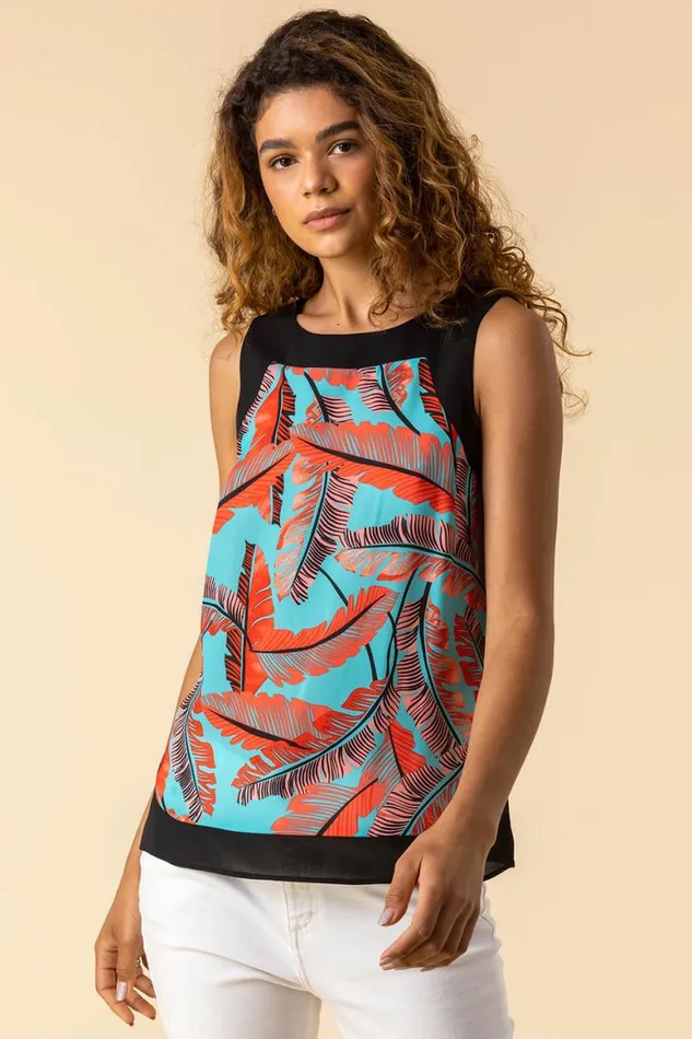 Women Orange Contrast Trim Leaf Print Top Roman Tops