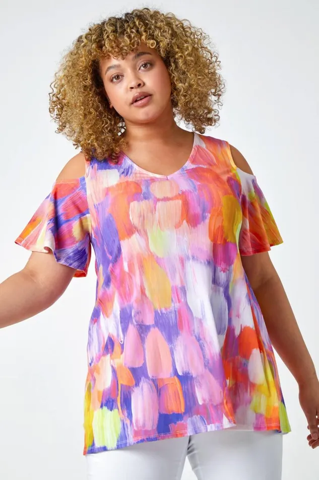 Women Orange Curve Abstract VNeck Cold Shoulder Top Roman Tops