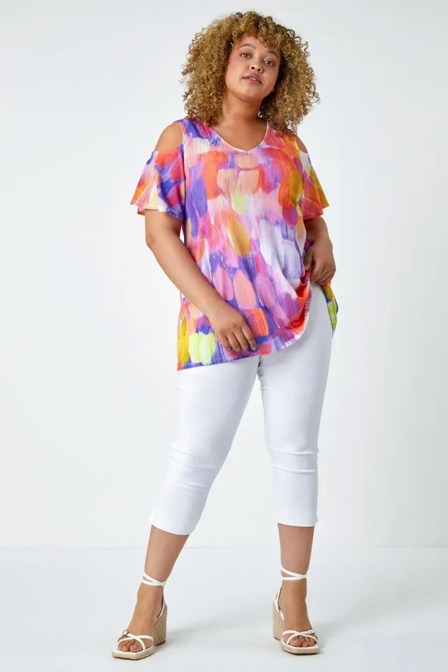 Women Orange Curve Abstract VNeck Cold Shoulder Top Roman Tops