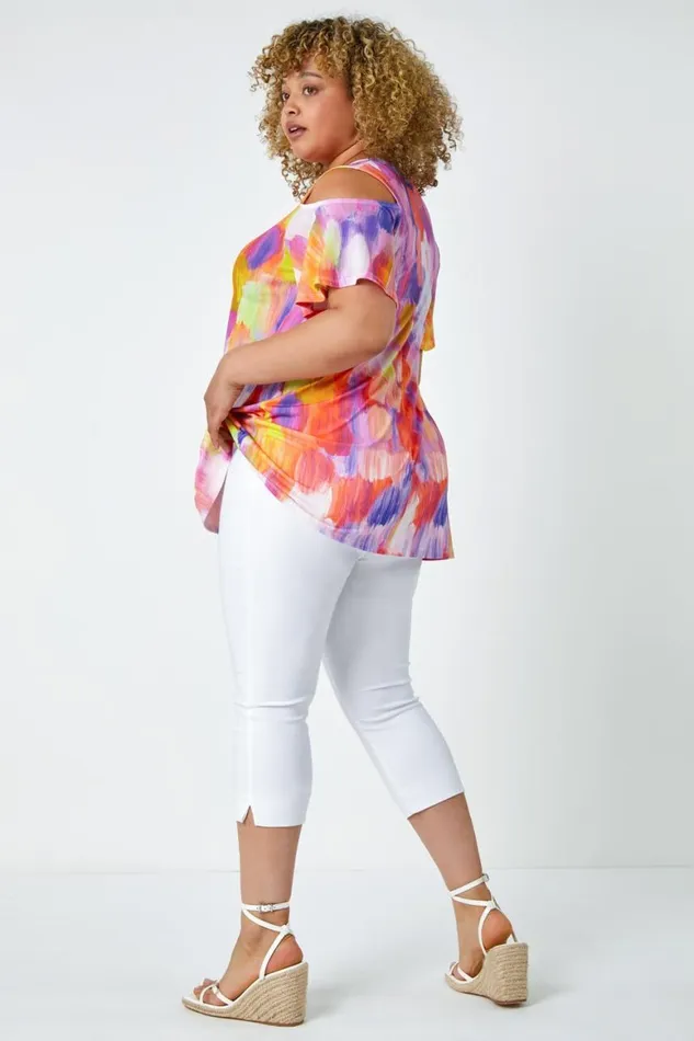 Women Orange Curve Abstract VNeck Cold Shoulder Top Roman Tops