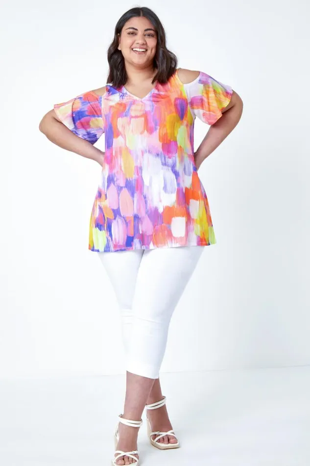 Women Orange Curve Abstract VNeck Cold Shoulder Top Roman Tops