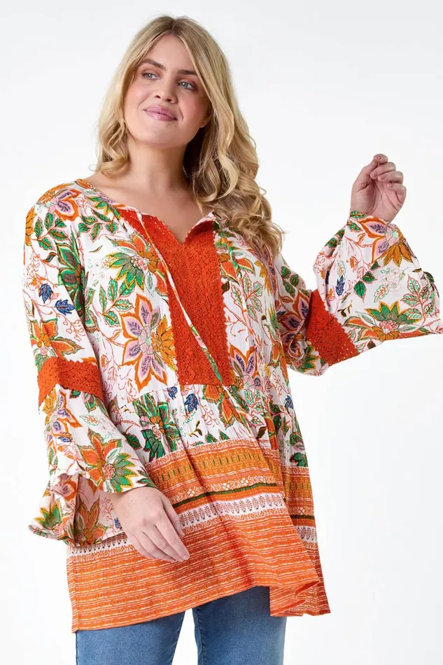 Women Orange Curve Floral Print Lace Smock Top Roman Tops