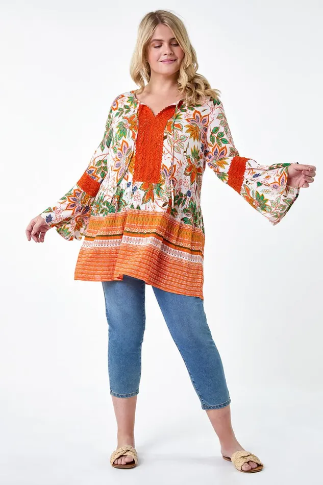 Women Orange Curve Floral Print Lace Smock Top Roman Tops