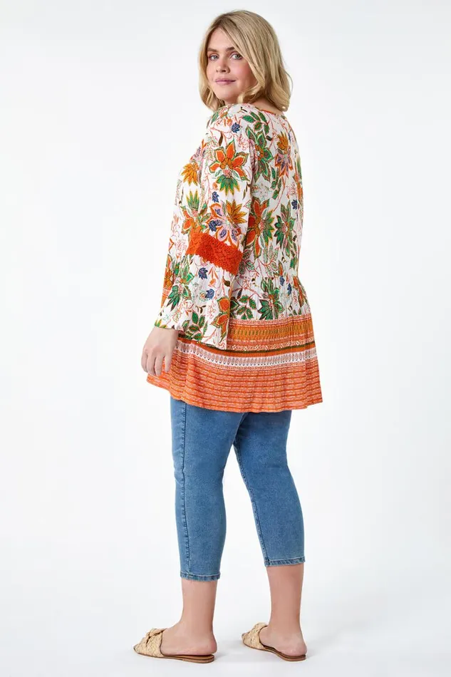 Women Orange Curve Floral Print Lace Smock Top Roman Tops