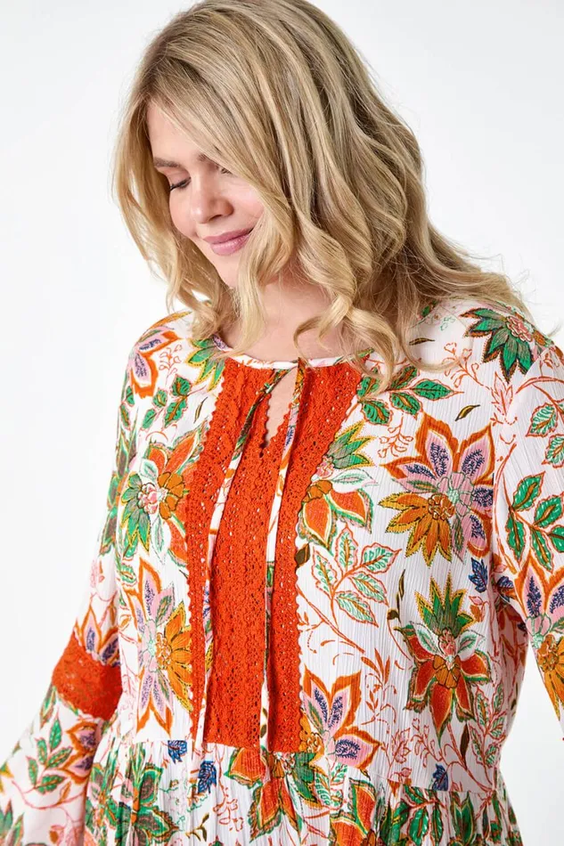 Women Orange Curve Floral Print Lace Smock Top Roman Tops