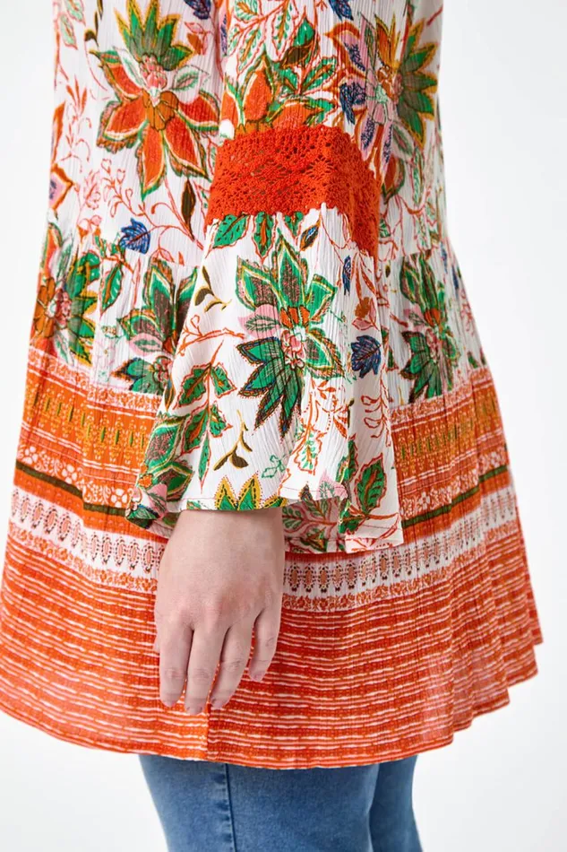 Women Orange Curve Floral Print Lace Smock Top Roman Tops