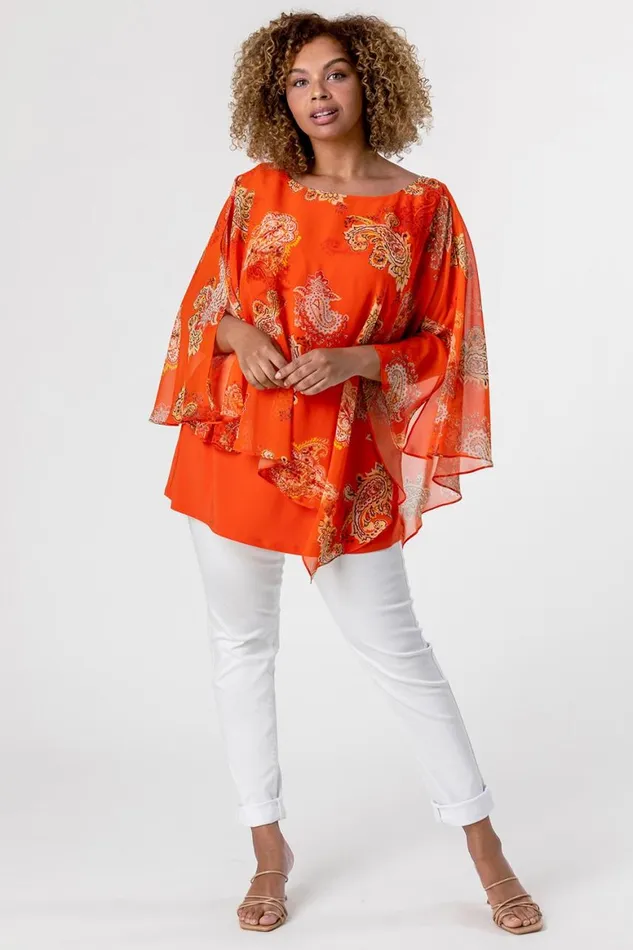 Women Orange Curve Paisley Print Chiffon Top Roman Tops