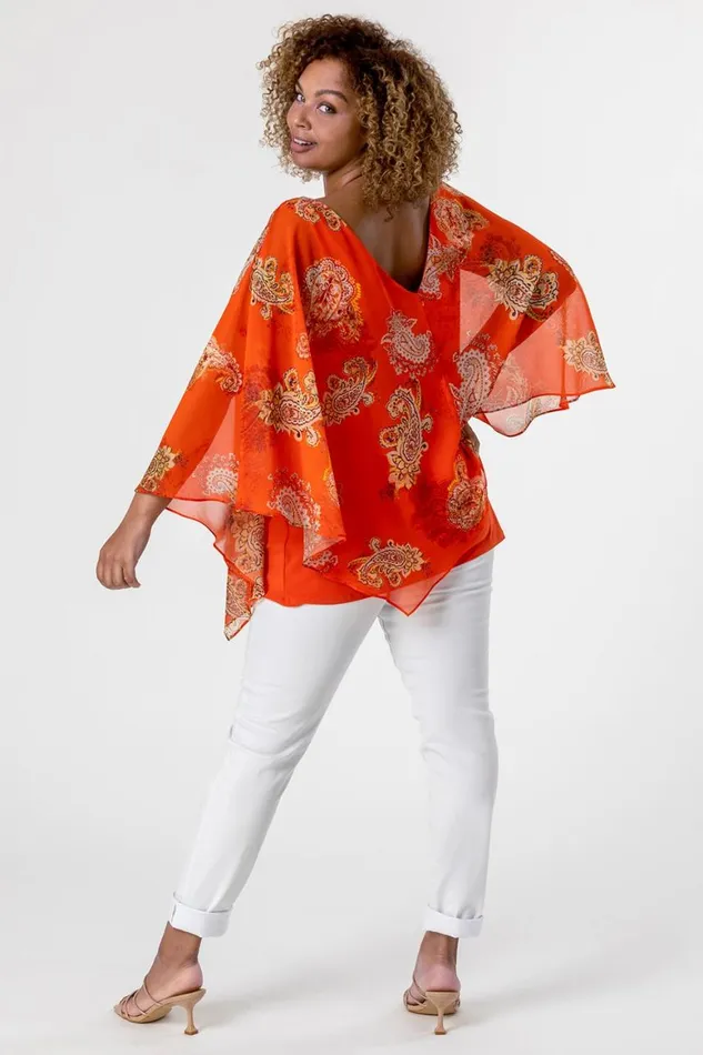 Women Orange Curve Paisley Print Chiffon Top Roman Tops