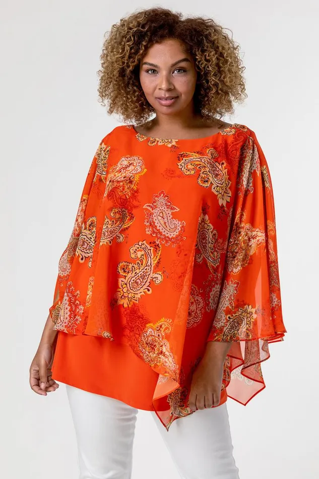 Women Orange Curve Paisley Print Chiffon Top Roman Tops