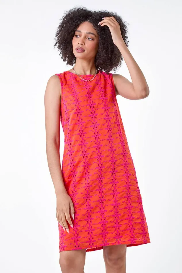 Women Orange Floral Embroidered Cotton Shift Dress Roman Dresses
