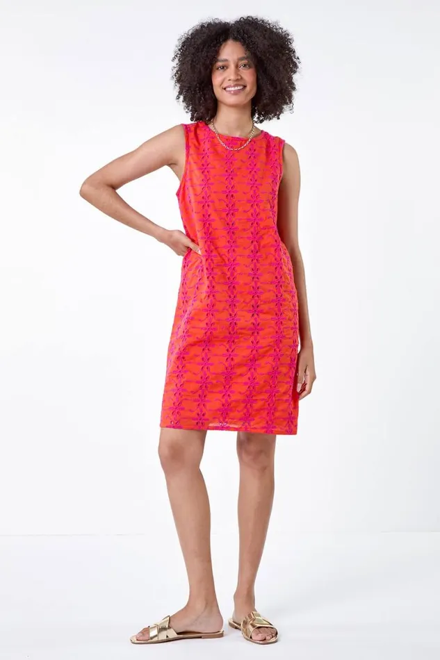 Women Orange Floral Embroidered Cotton Shift Dress Roman Dresses