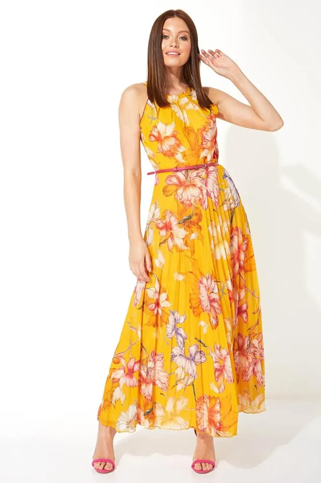 Women Orange Floral Halter Neck Pleated Maxi Dress Roman Dresses
