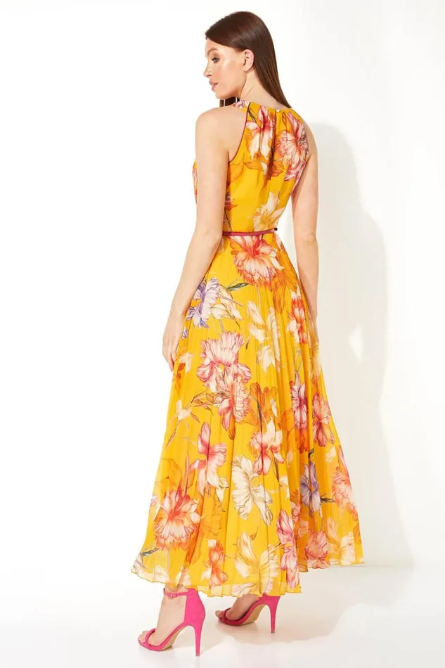 Women Orange Floral Halter Neck Pleated Maxi Dress Roman Dresses