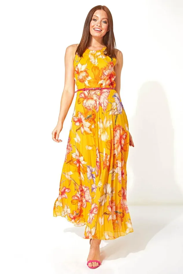 Women Orange Floral Halter Neck Pleated Maxi Dress Roman Dresses