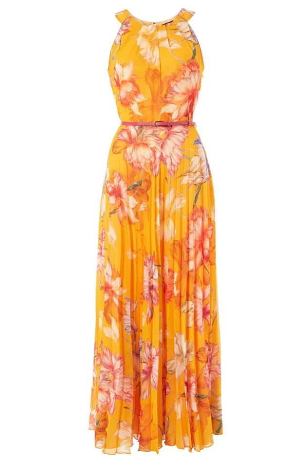 Women Orange Floral Halter Neck Pleated Maxi Dress Roman Dresses